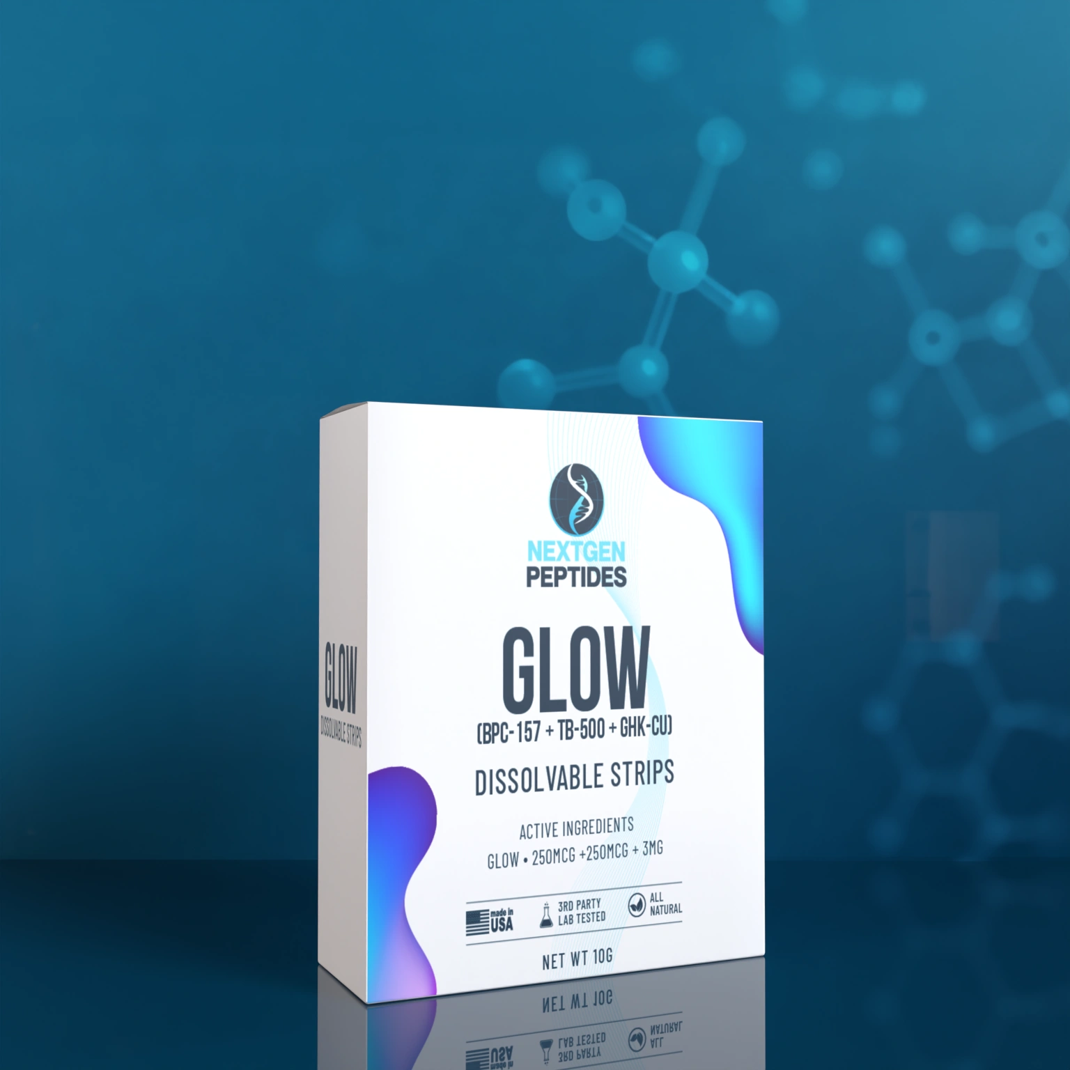 Nextgen Peptides GLOW (BPC-157 + TB-500 + GHK-Cu) Dissolvable Strips box, 250mcg / 250mcg / 3mg